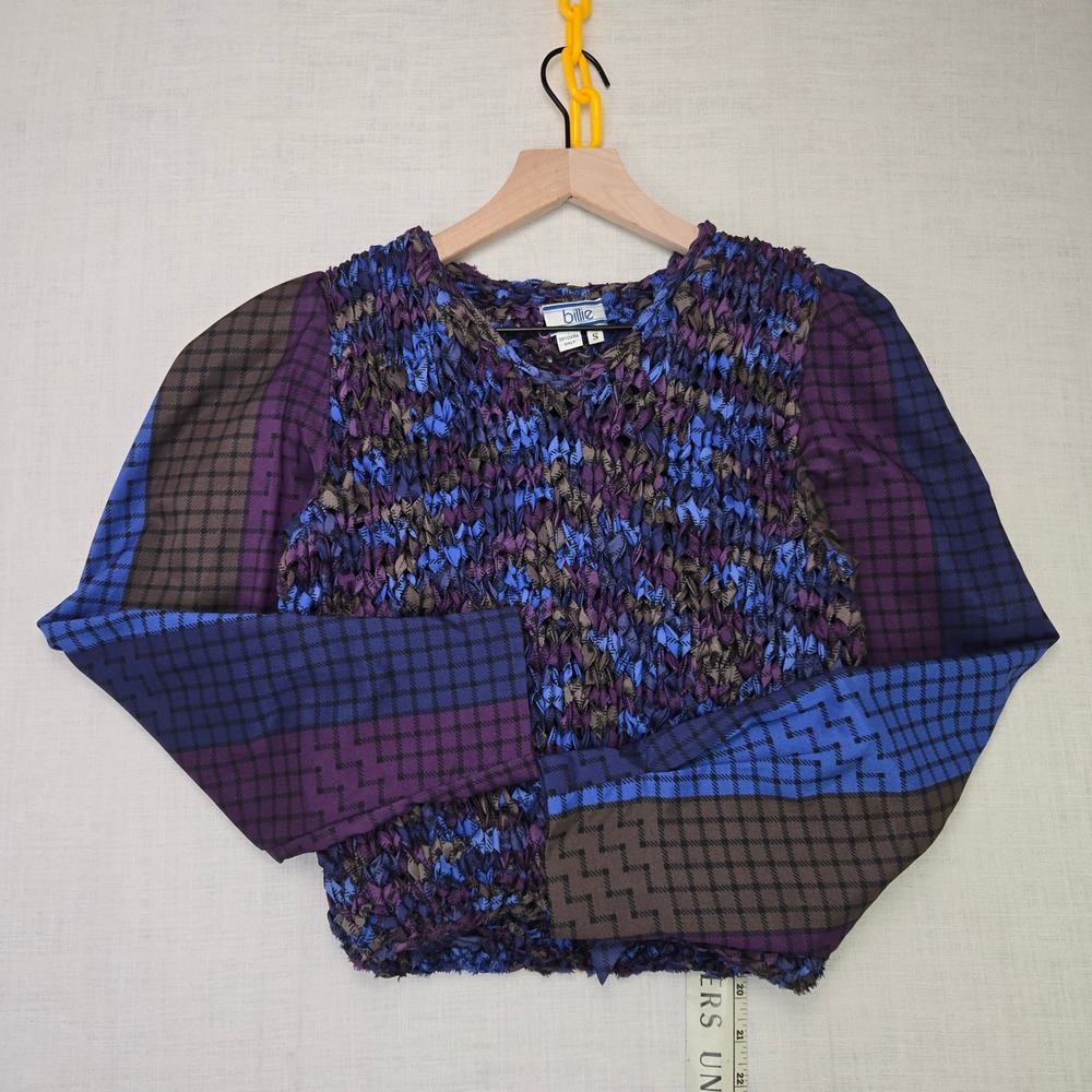 VTG Billie Popcorn Stretchy Knit Top S Textured Purple Blue Balloon Sleeve Women